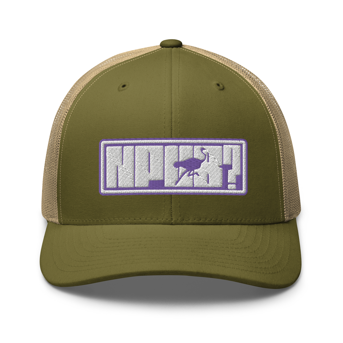 Front view of a moss green and khaki bitcoin trucker cap.