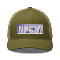 Front view of a moss green and khaki bitcoin trucker cap.