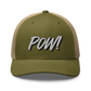 Front view of a moss green and khaki bitcoin trucker cap.