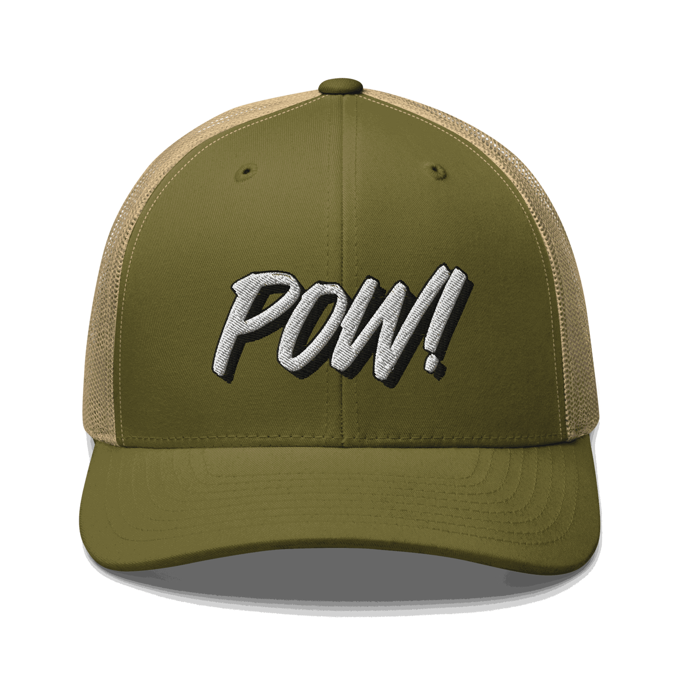 Front view of a moss green and khaki bitcoin trucker cap.