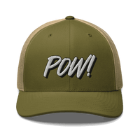 Front view of a moss green and khaki bitcoin trucker cap.