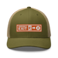 Front view of a moss green and khaki bitcoin trucker cap.