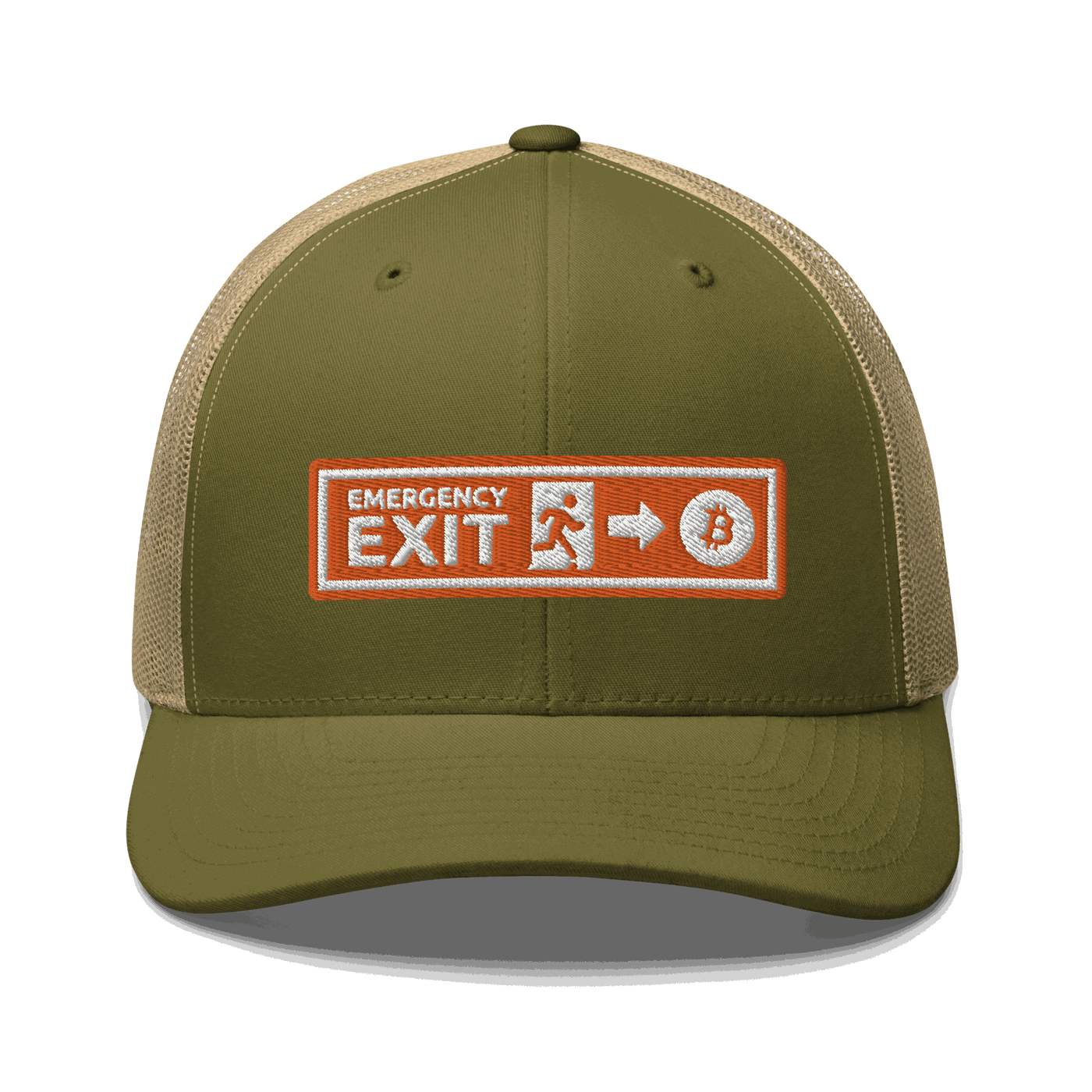 Front view of a moss green and khaki bitcoin trucker cap.