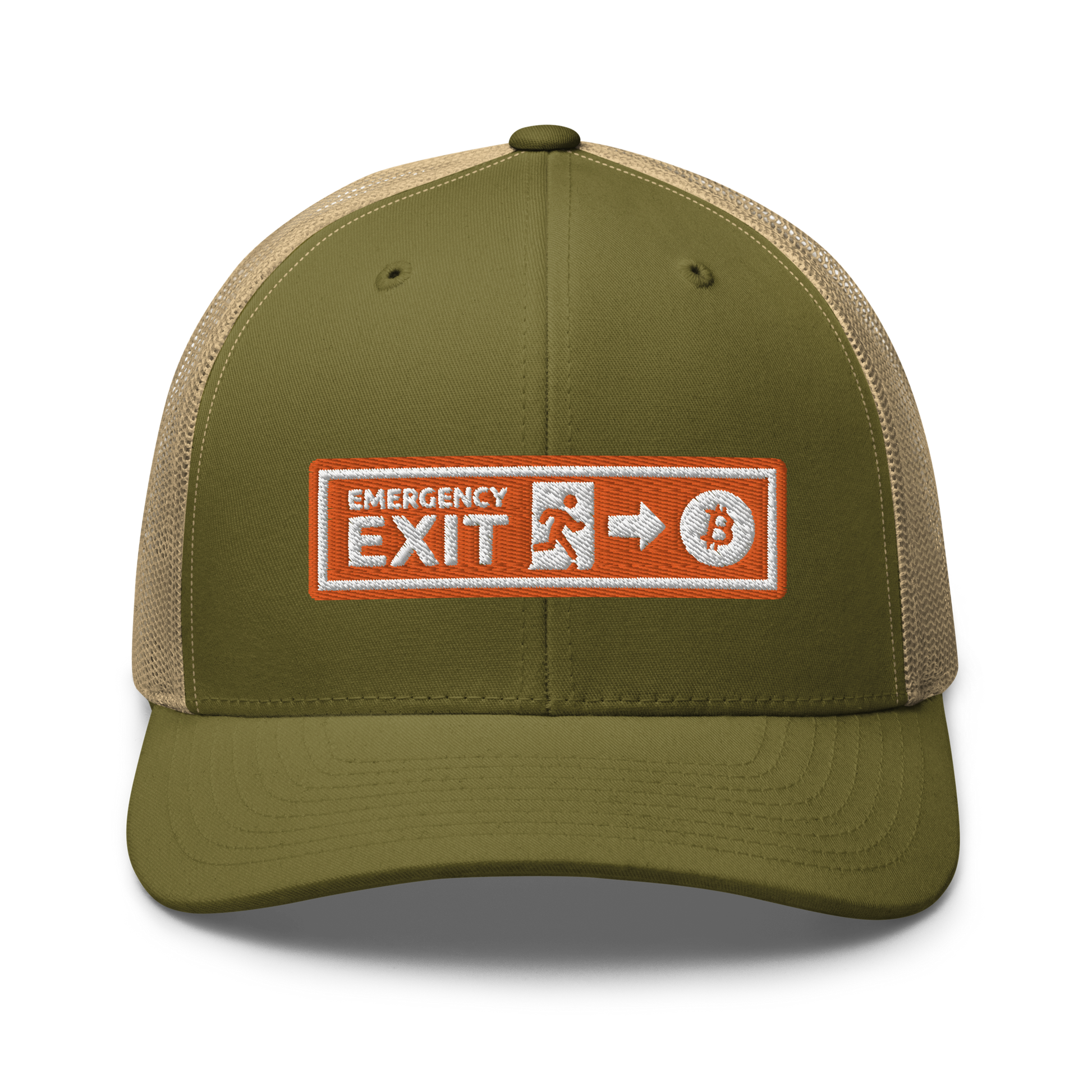 Front view of a moss green and khaki bitcoin trucker cap.