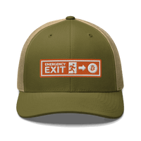 Front view of a moss green and khaki bitcoin trucker cap.