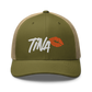 Front view of a moss green and khaki bitcoin trucker cap.