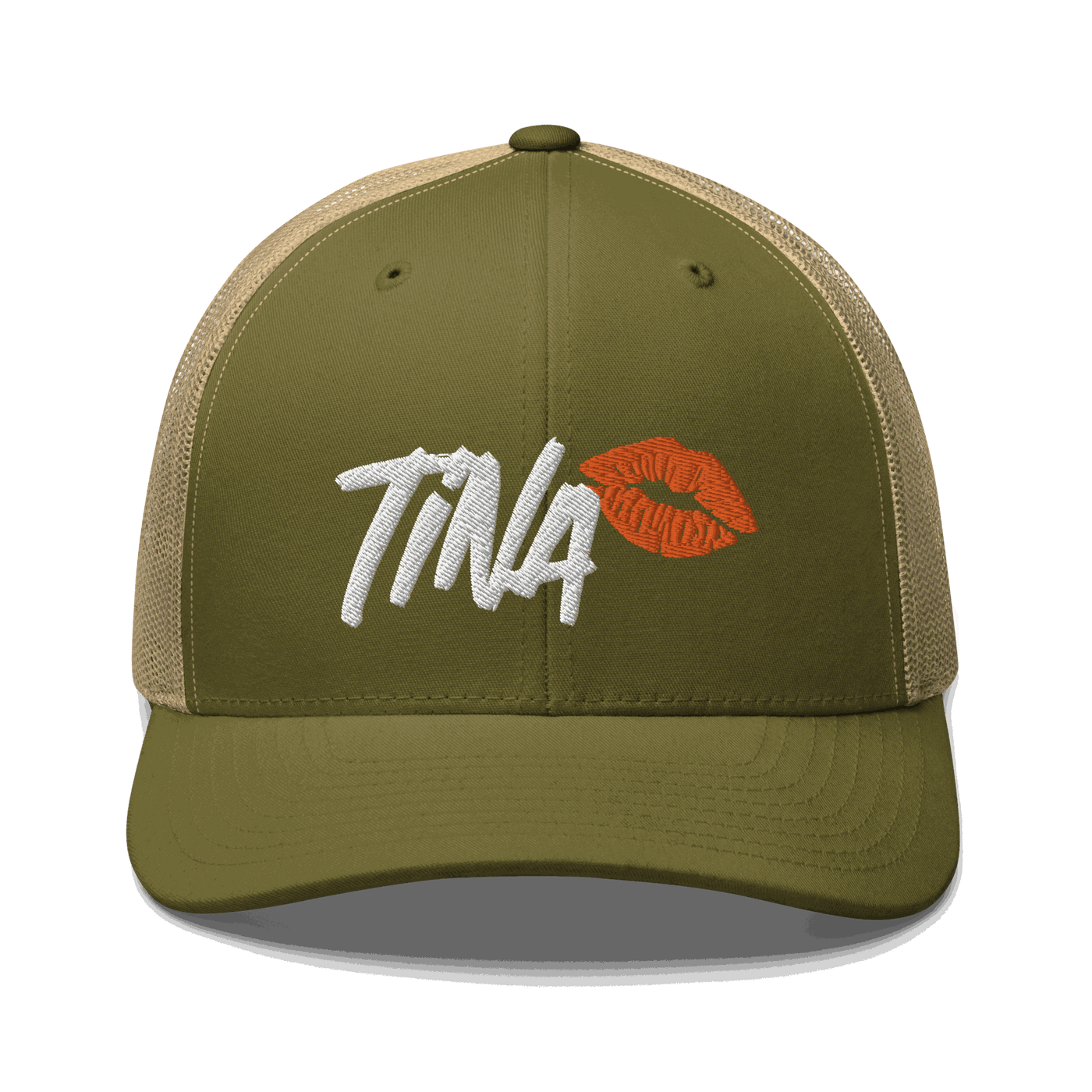 Front view of a moss green and khaki bitcoin trucker cap.