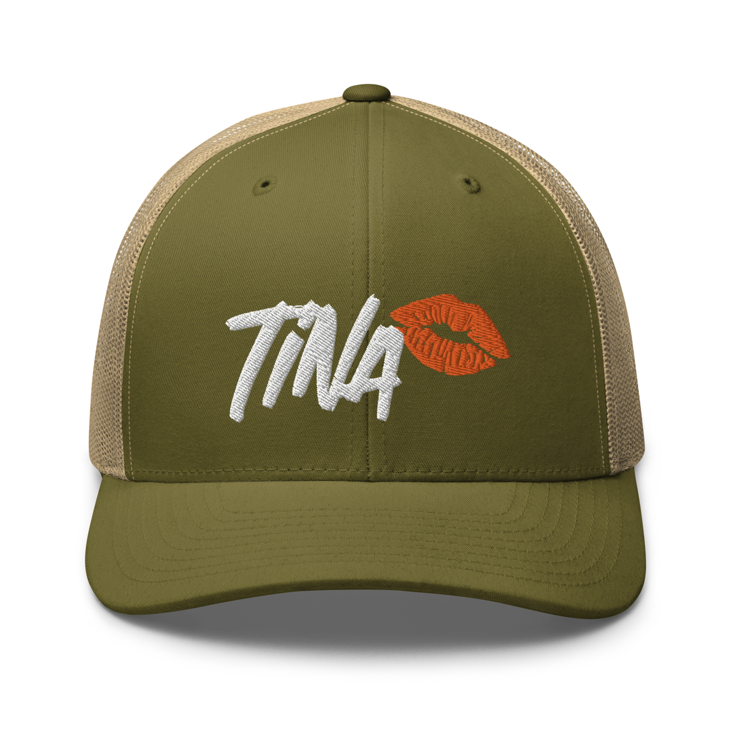 Front view of a moss green and khaki bitcoin trucker cap.