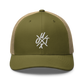 Front view of a moss green and khaki bitcoin trucker cap.