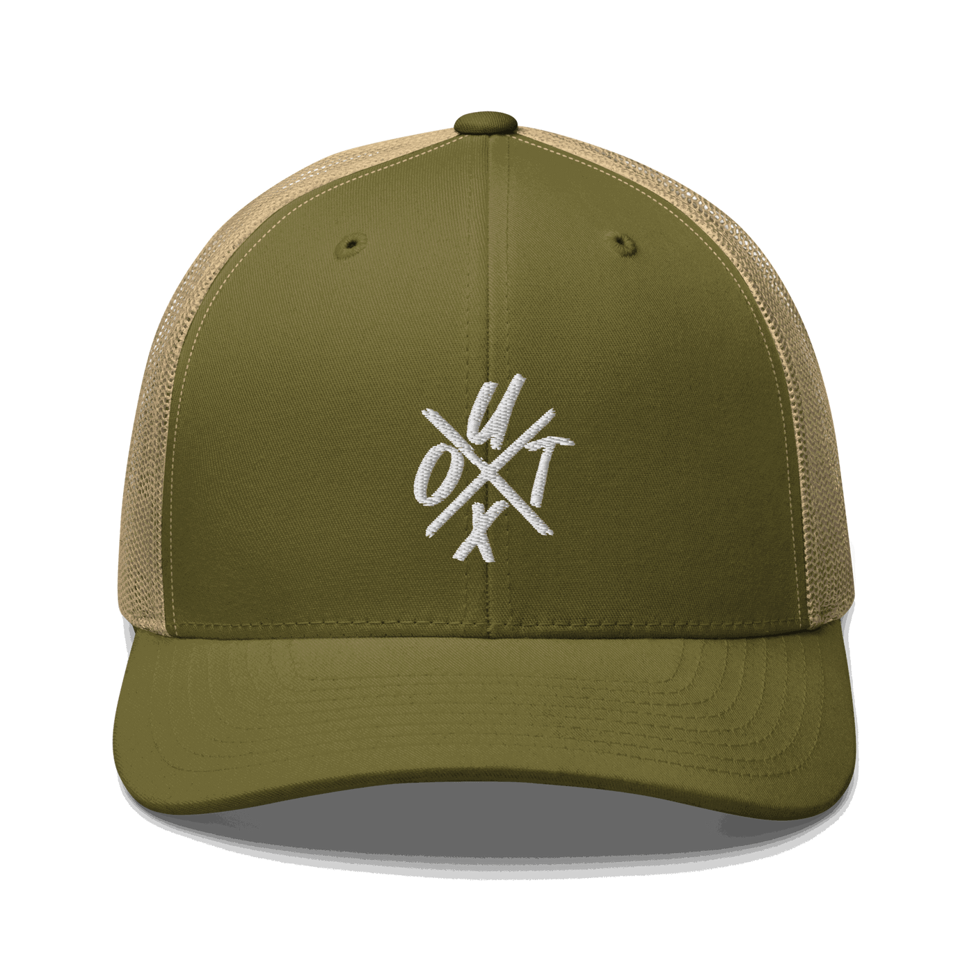 Front view of a moss green and khaki bitcoin trucker cap.