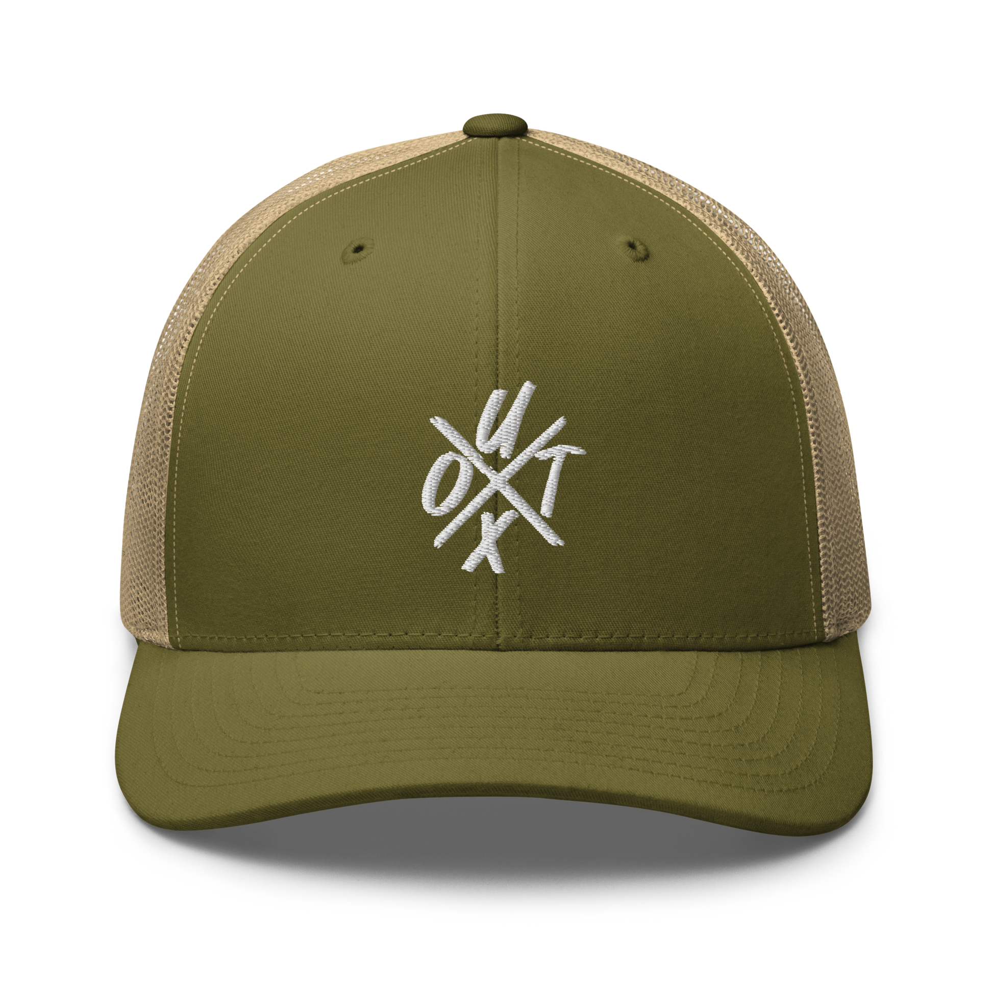 Front view of a moss green and khaki bitcoin trucker cap.