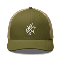 Front view of a moss green and khaki bitcoin trucker cap.