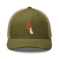 Front view of a moss green and khaki bitcoin trucker cap.