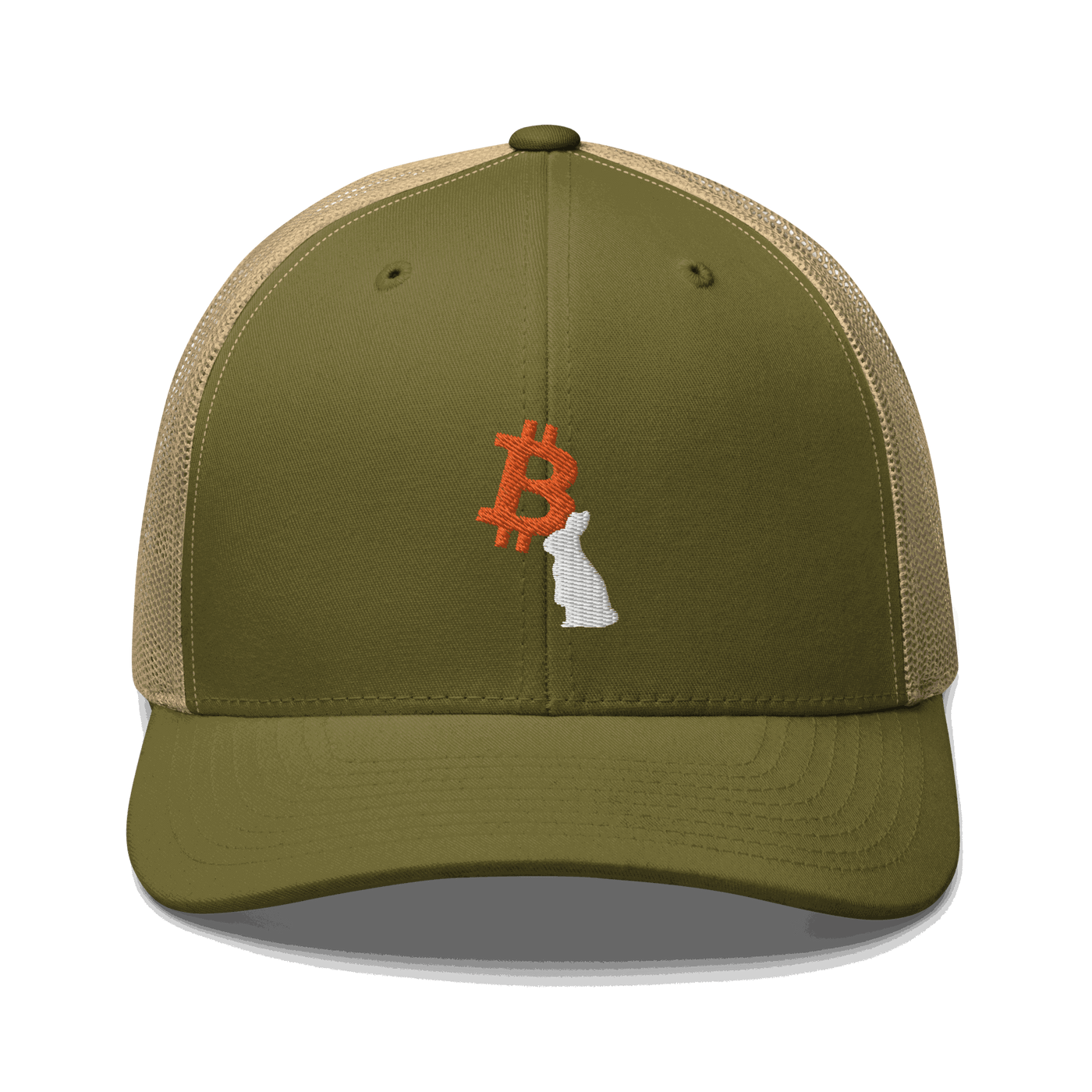 Front view of a moss green and khaki bitcoin trucker cap.
