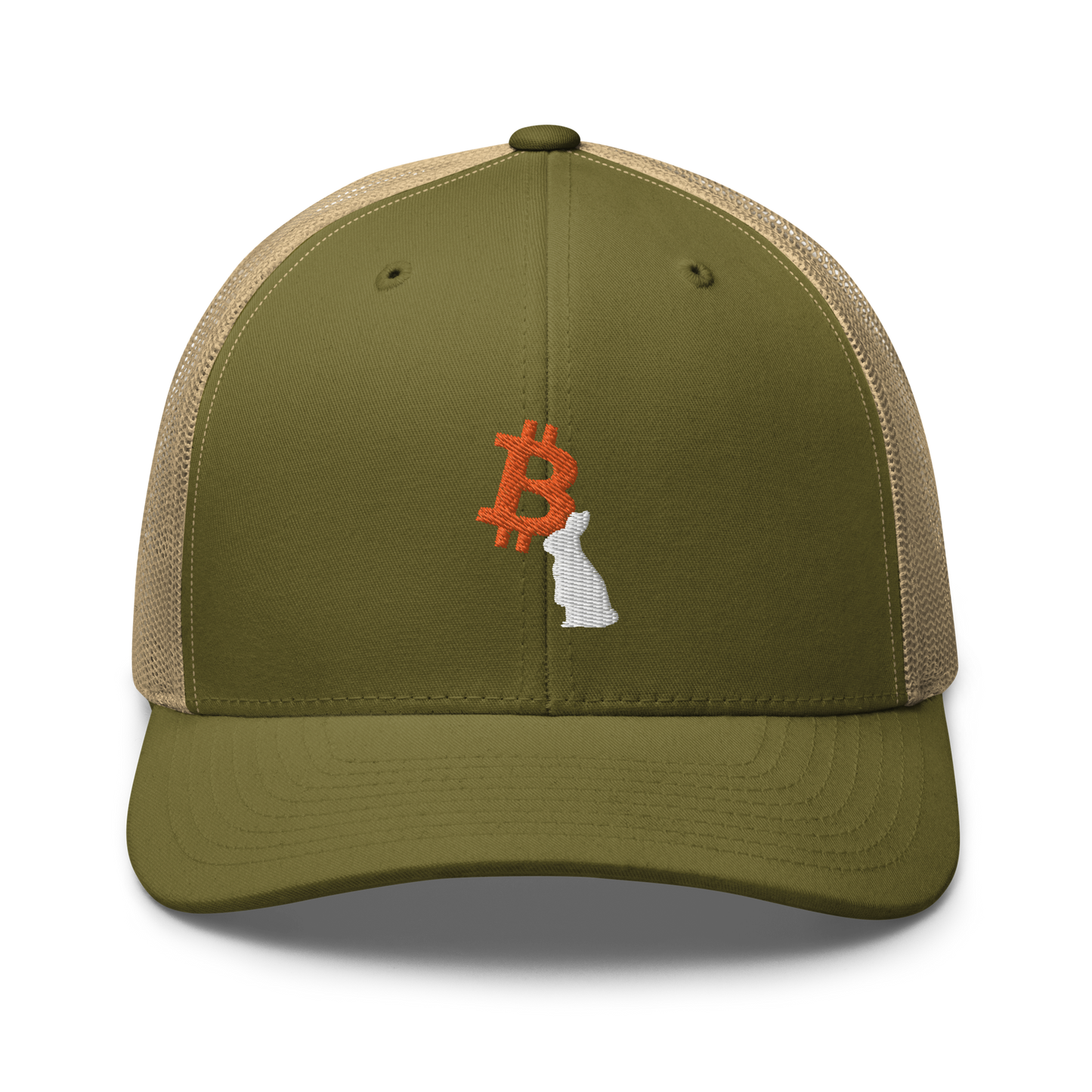 Front view of a moss green and khaki bitcoin trucker cap.