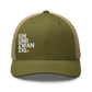 Front view of a moss green and khaki bitcoin trucker cap.