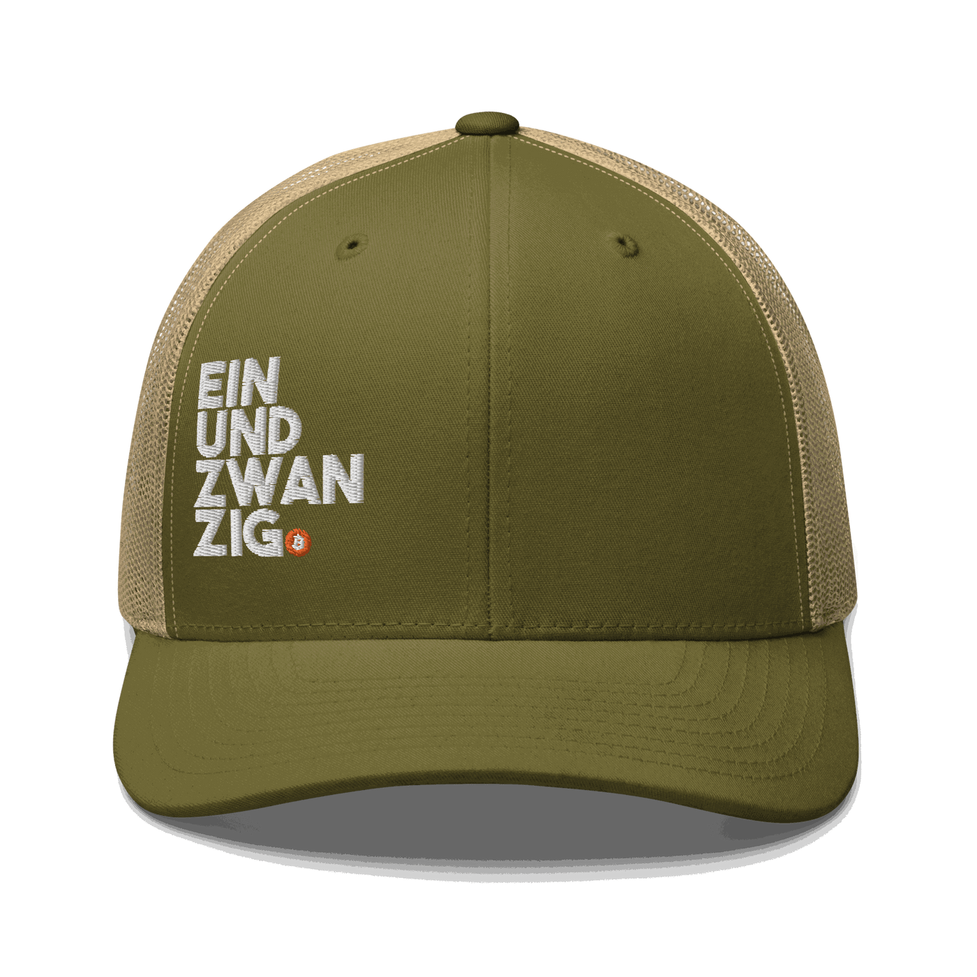 Black six-panel Bitcoin trucker cap with mesh back and embroidered logo