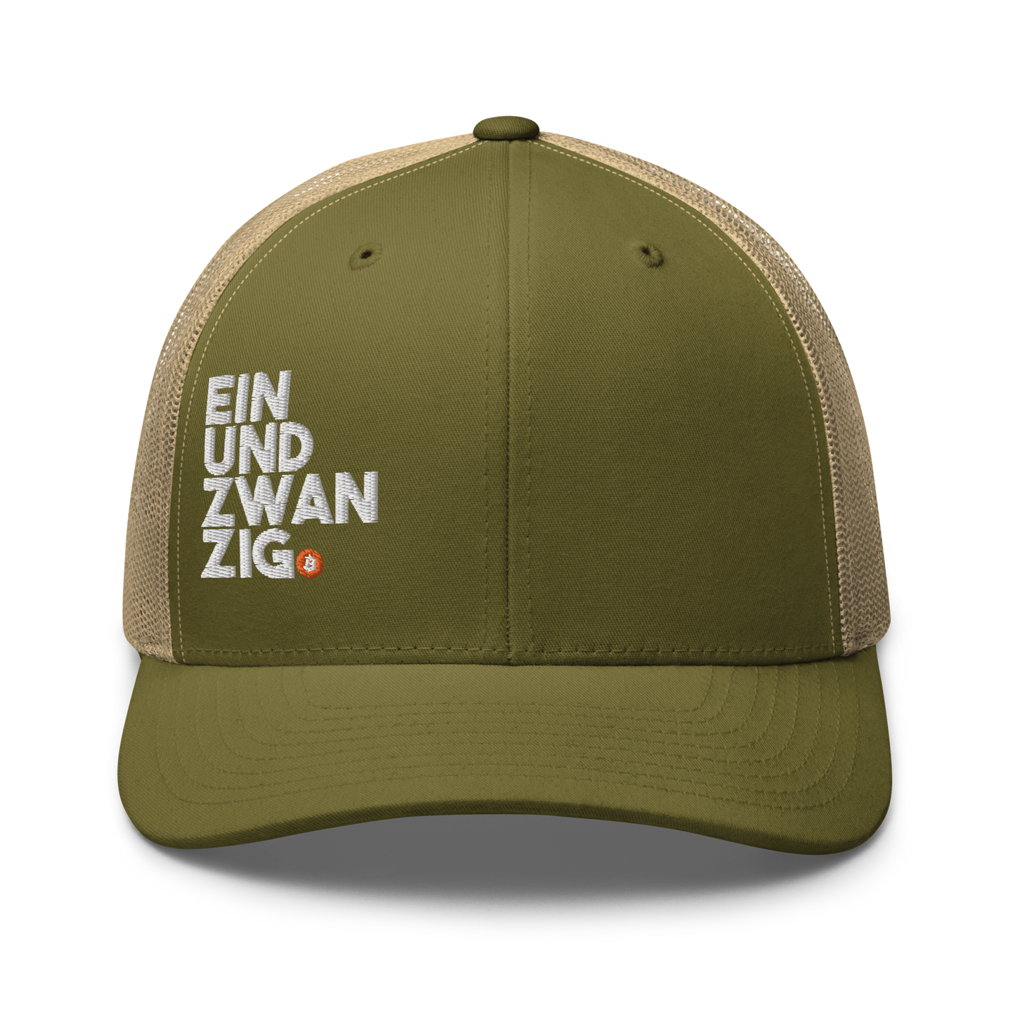 Front view of a moss green and khaki bitcoin trucker cap.