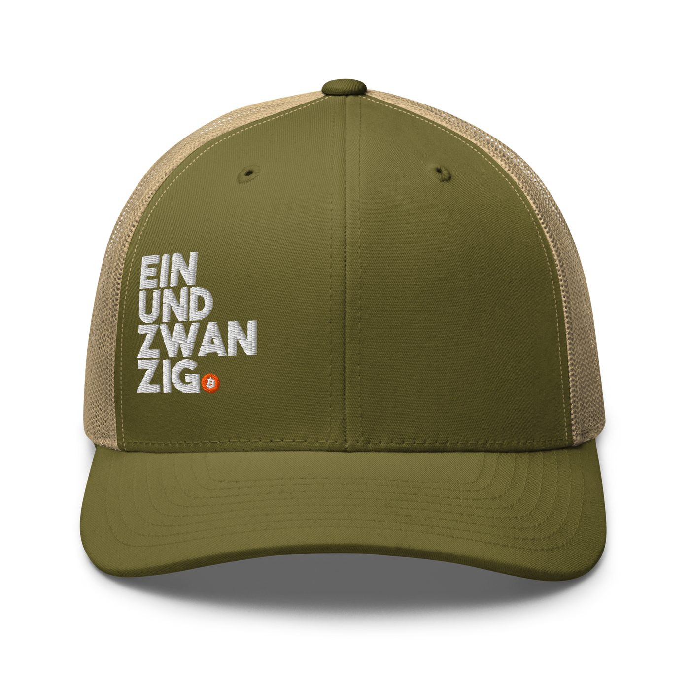 Einundzwanzig bitcoin trucker cap in Moss/ Khaki, front view.
