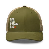 Einundzwanzig bitcoin trucker cap in Moss/ Khaki, front view.