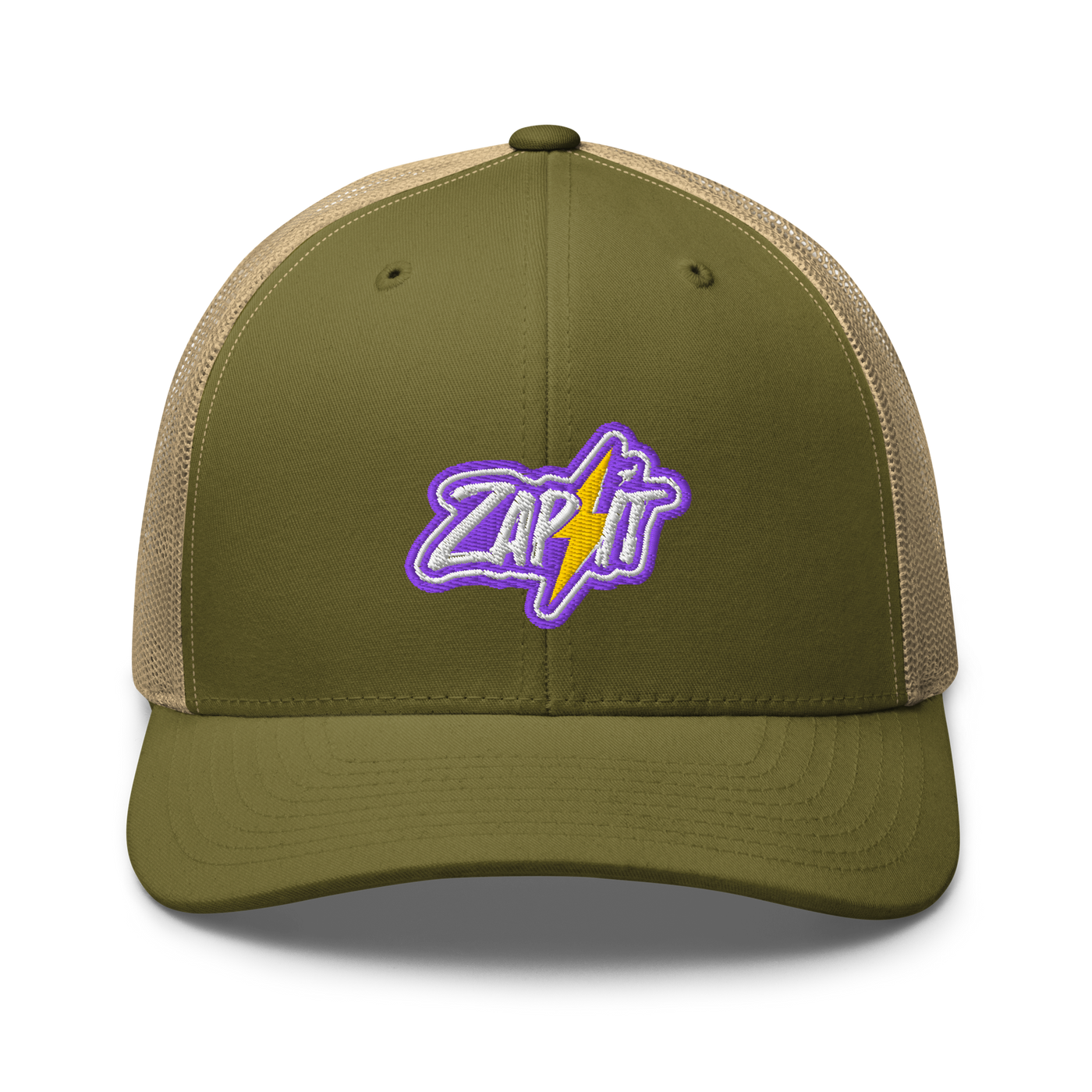 Zap It nostr trucker cap in Moss/ Khaki, front view.