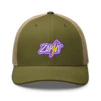 Zap It nostr trucker cap in Moss/ Khaki, front view.
