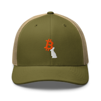 White Rabbit bitcoin trucker cap in Moss/ Khaki, front view.