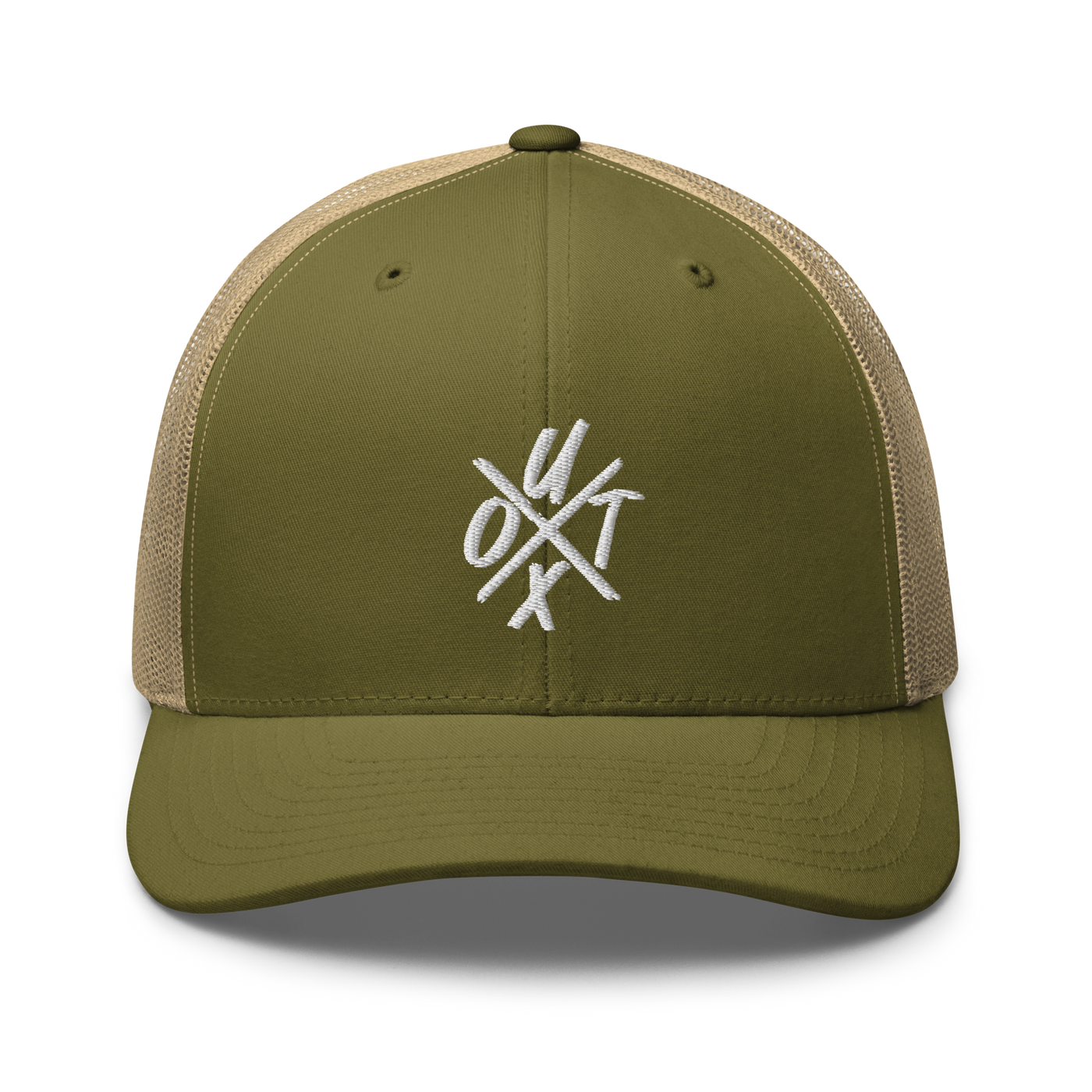 UTXO bitcoin trucker cap in Moss/ Khaki, front view.