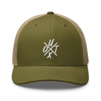 UTXO bitcoin trucker cap in Moss/ Khaki, front view.