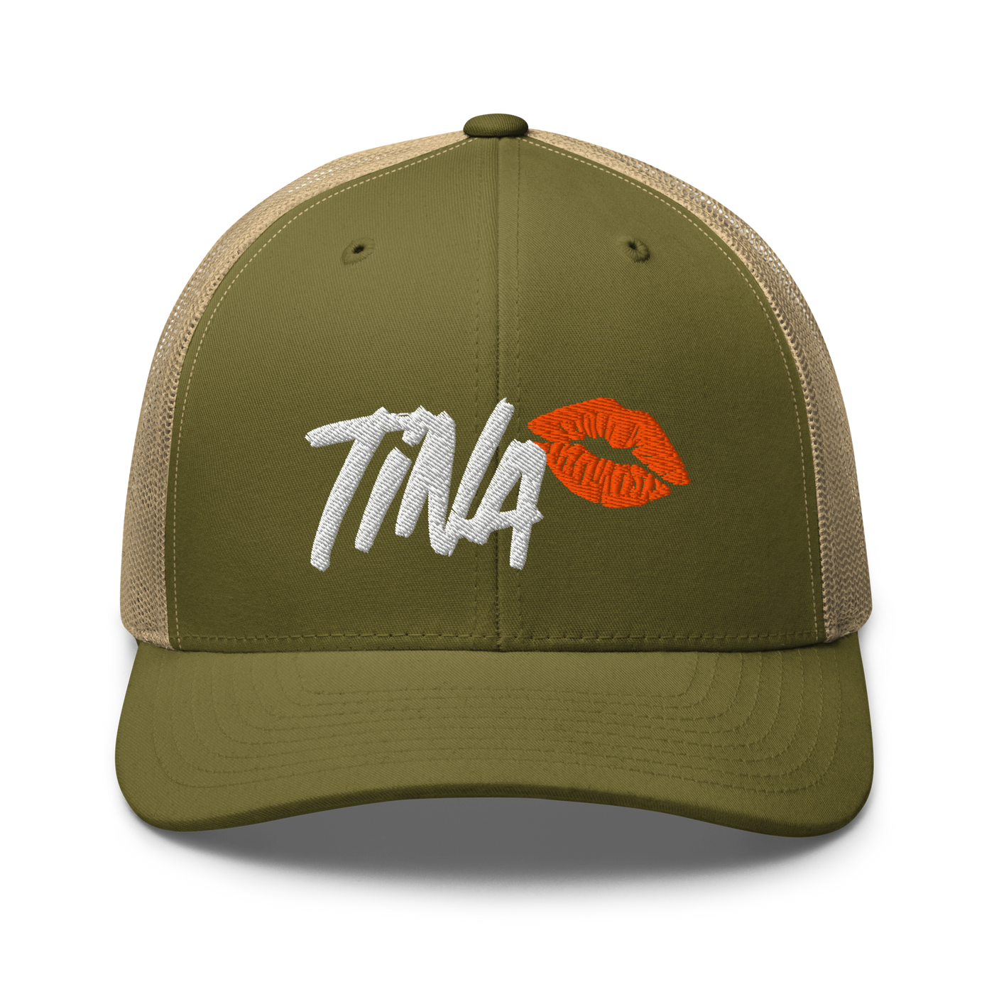 TINA bitcoin trucker cap in Moss/ Khaki, front view.