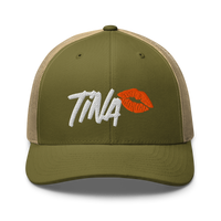 TINA bitcoin trucker cap in Moss/ Khaki, front view.