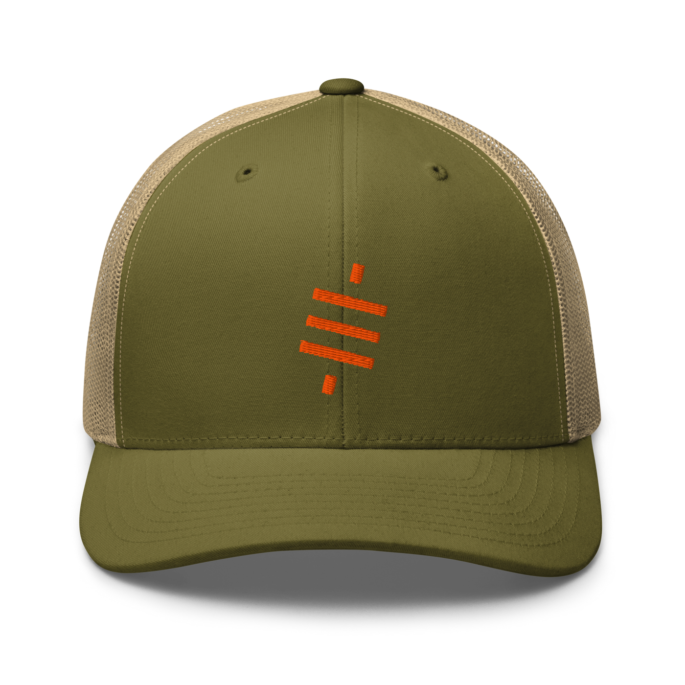 Sats symbol bitcoin trucker cap in Moss/ Khaki, front view.