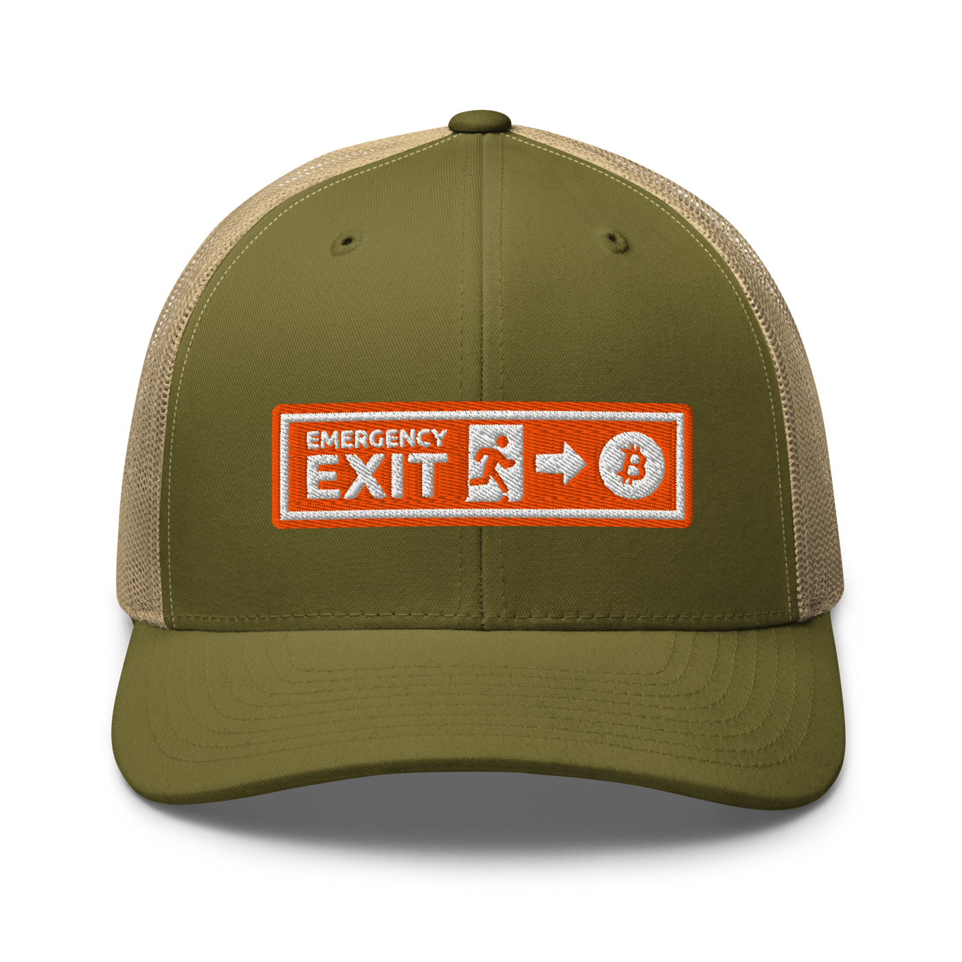 Emergency Exit bitcoin trucker cap in Moss/ Khaki, front view.