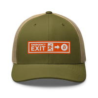 Emergency Exit bitcoin trucker cap in Moss/ Khaki, front view.