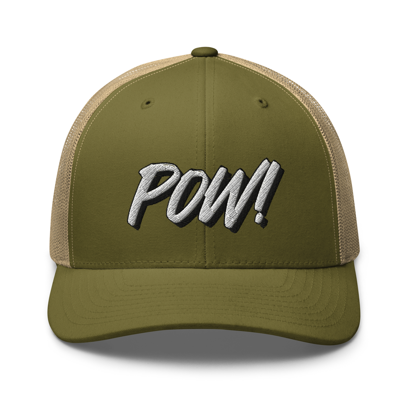 POW! bitcoin trucker cap in Moss/ Khaki, front view.