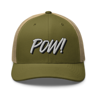 POW! bitcoin trucker cap in Moss/ Khaki, front view.
