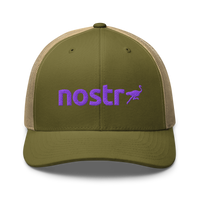 Nostr nostr trucker cap in Moss/ Khaki, front view.