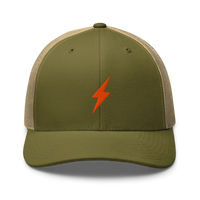 Lightning bitcoin trucker cap in Moss/ Khaki, front view.