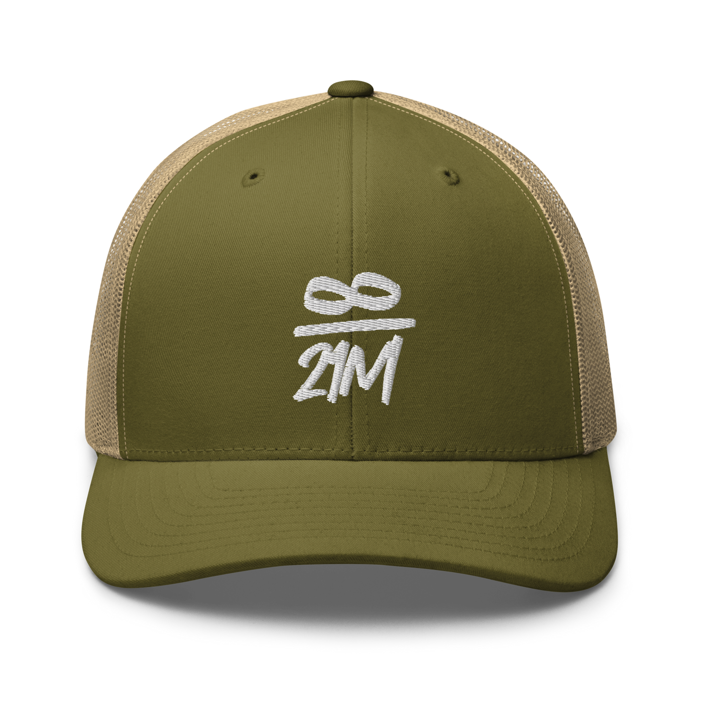 Infinity / 21M bitcoin trucker cap in Moss/ Khaki, front view.