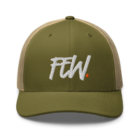 Few. bitcoin trucker cap in Moss/ Khaki, front view.
