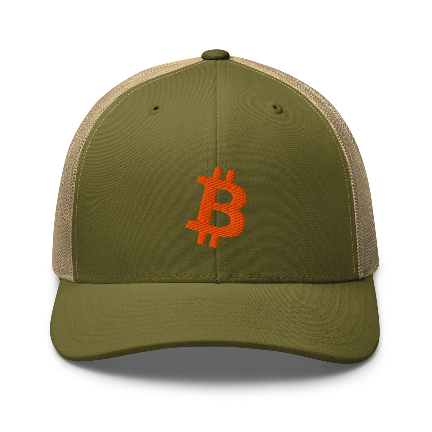 Bitcoin B bitcoin trucker cap in Moss/ Khaki, front view.