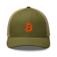 Bitcoin B bitcoin trucker cap in Moss/ Khaki, front view.