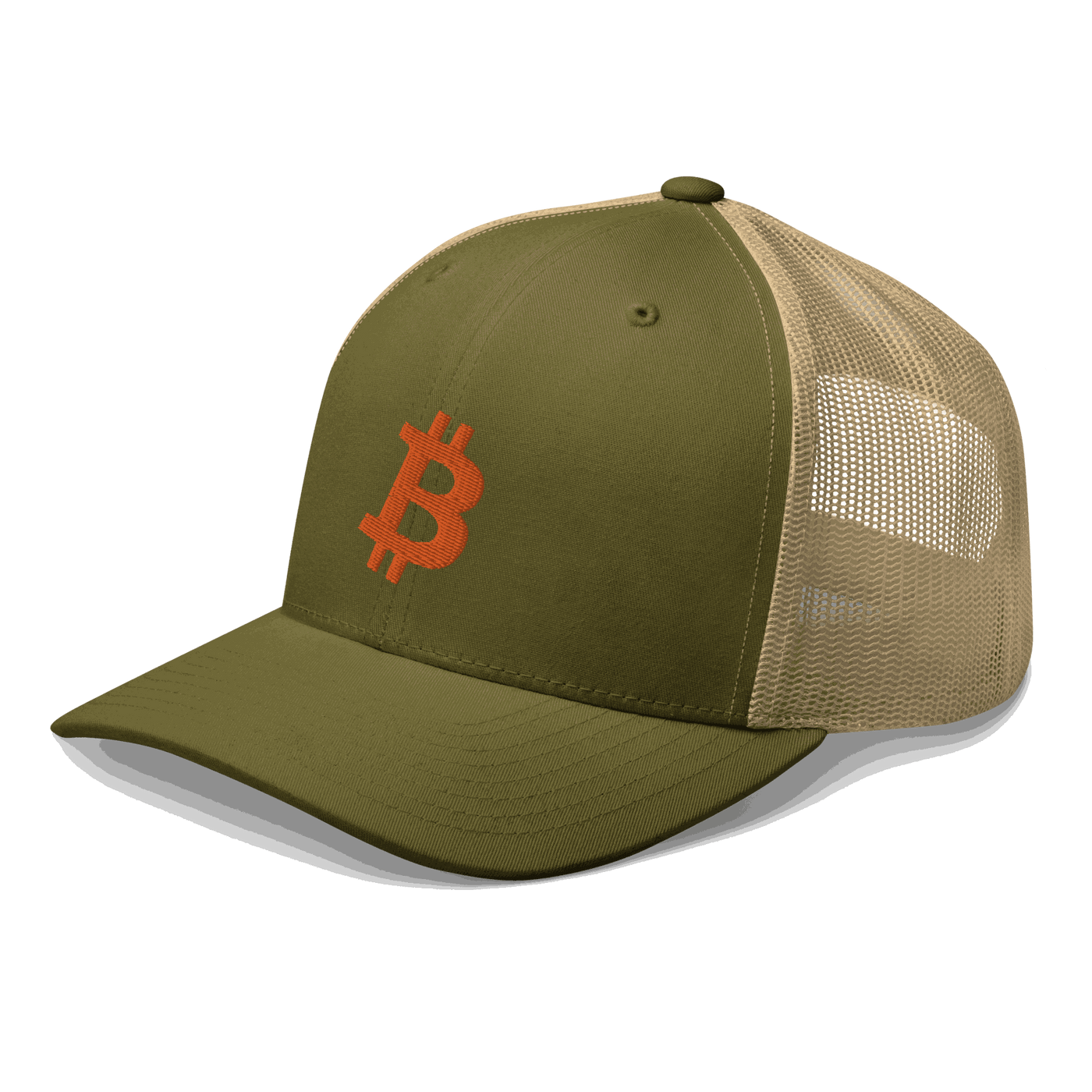 Side view of a moss green and khaki bitcoin trucker cap.