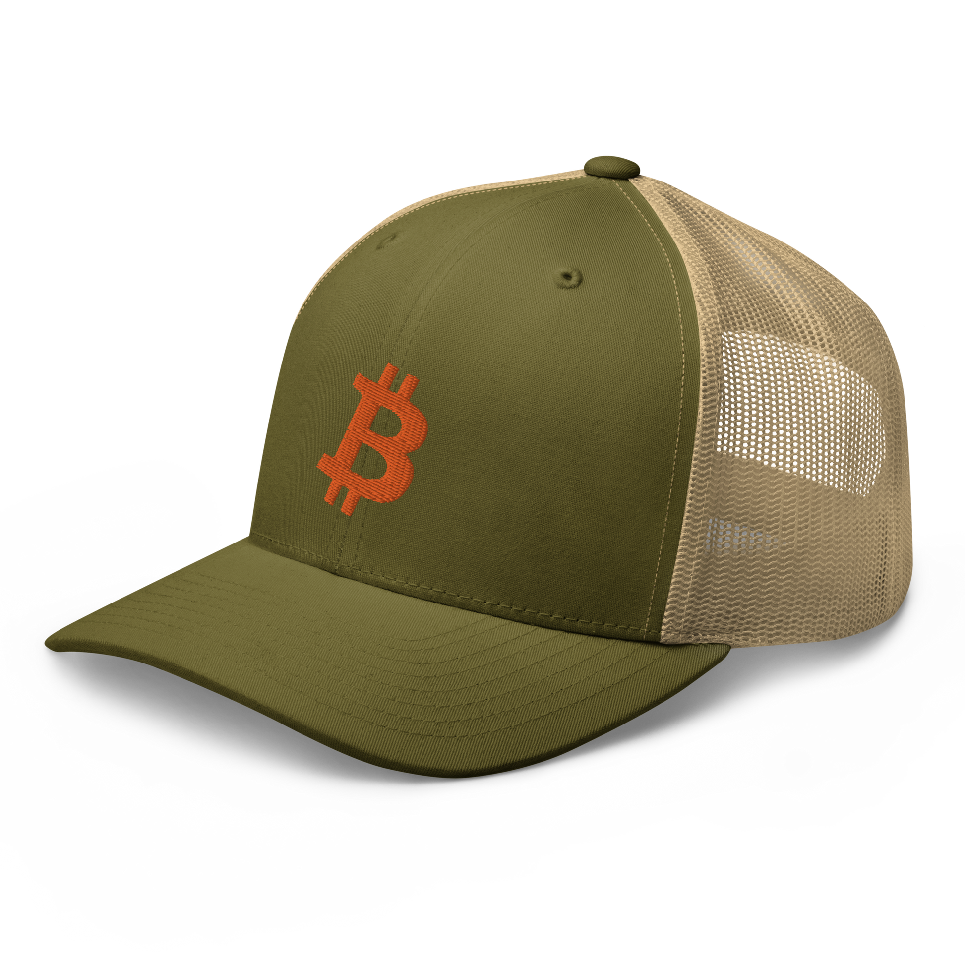 Side view of a moss green and khaki bitcoin trucker cap.