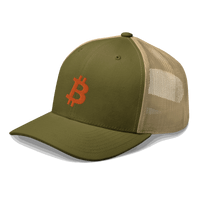Side view of a moss green and khaki bitcoin trucker cap.