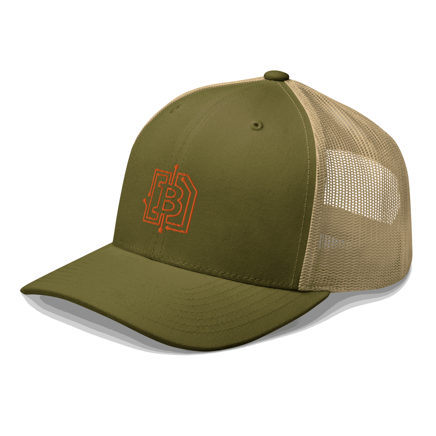 Side view of a moss green and khaki bitcoin trucker cap.