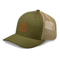 Side view of a moss green and khaki bitcoin trucker cap.