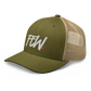 Side view of a moss green and khaki bitcoin trucker cap.