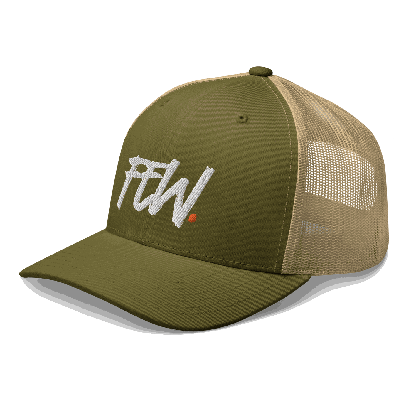 Side view of a moss green and khaki bitcoin trucker cap.