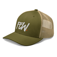 Side view of a moss green and khaki bitcoin trucker cap.